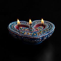 Ornate, heart-shaped diya with three lit wicks