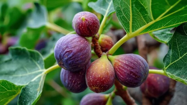 Ripe figs hang on a branch, showcasing their purple and green skin