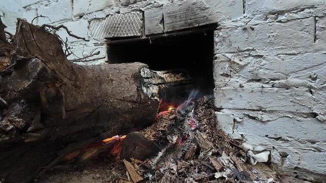 Large log burning at the base of a rural fruit drying process. Smoke rises from the firewood, showing the natural wood-fired method used to dry fruits in traditional countryside smokehouses and kilns.
