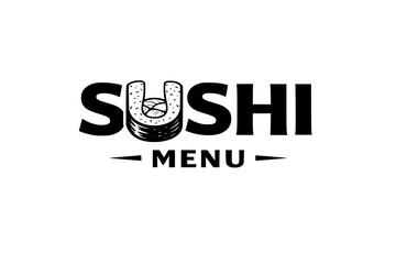 Sushi menu logo with roll illustration and typography. Sketch style vector design for menu use.