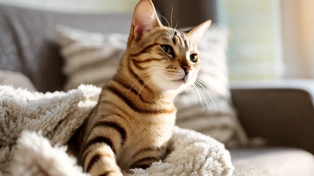 Domestic cat napping peacefully wrapped in a warm, textured blanket
