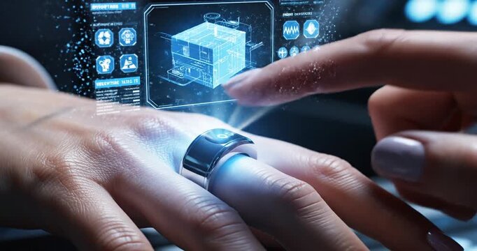 Futuristic wearable technology being activated by a user in a high-tech environment