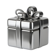 Shiny chrome gift box with a sleek silver ribbon and bow sitting on transparent background