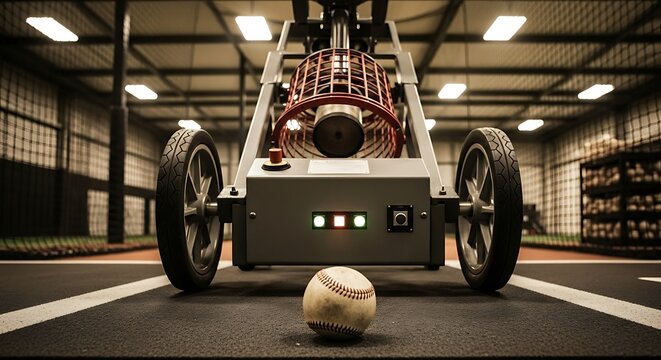 A robotic pitching machine stands ready on an indoor baseball field with a ball at its feet awaiting the next pitch.