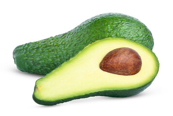 Green avocado with cut in half with brown seed isolated on white background. Clipping path.