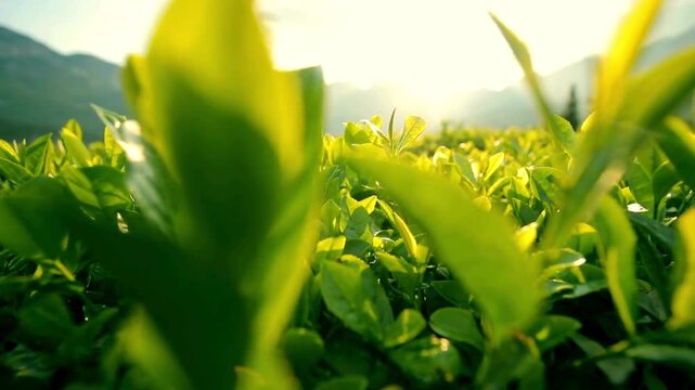 Macro video of fresh, vibrant green tea leaves glistening with dew drops in the soft golden light of a sunrise over rolling hills.