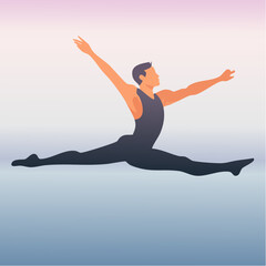 Fototapeta premium Dynamic illustration of a male dancer in an energetic split leap, showcasing flexibility and strength in motion against a gradient sky