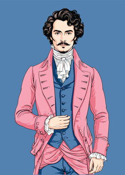 068-13-Dandy man in regency fashion, wearing a stylish pink coat, blue waistcoat, and white cravat