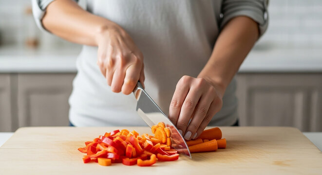 A close-up of hands skillfully chopping fresh vegetables on a wooden board, a perfect image for culinary blogs, healthy recipes, and meal preparation