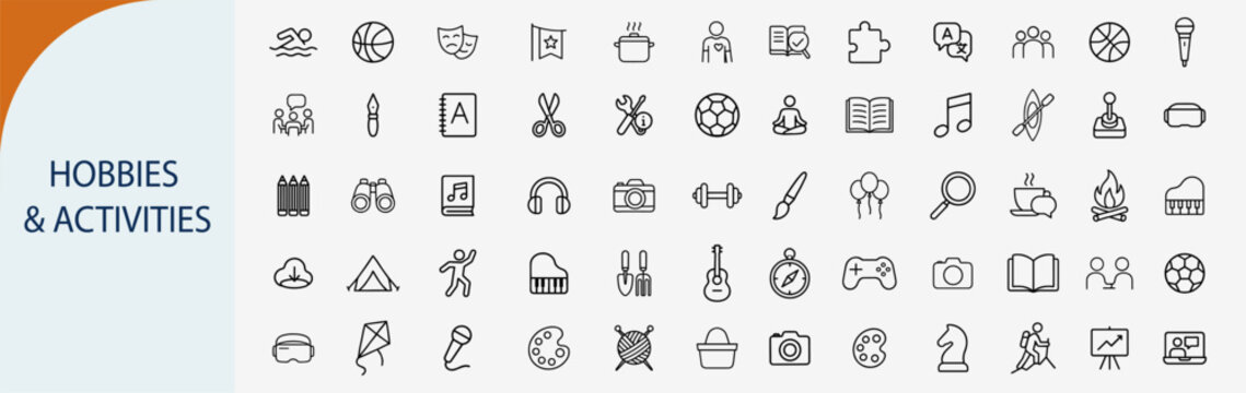 Hobbies and leisure activities icons set, outline symbols for creative interests entertainment sports indoor and outdoor fun vector illustration