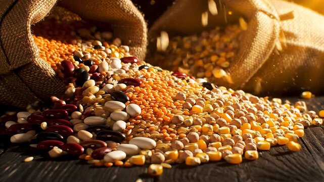 A video showcasing a variety of grains spilling out of burlap sacks onto a wooden surface