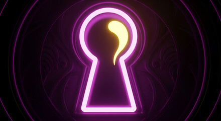 Intensely glowing neon keyhole, mysterious deep purple and curious yellow light against an ornate, dark fantasy background, perfect for book covers, game art, Halloween,