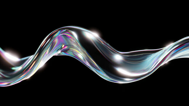 Abstract 3D liquid chrome fluid wave with iridescent holographic reflection on black background, Y2K style