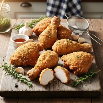 Crispy Golden Brown Southern Fried Chicken Drumsticks and Thighs on Rustic Wood Board Family Meal