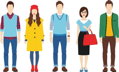 Obraz premium Modern Lifestyle and Fashion Character Set Featuring Trendy Outfits, Seasonal Layering, and Stylized Faceless Avatars for Retail and Professional Blog Design