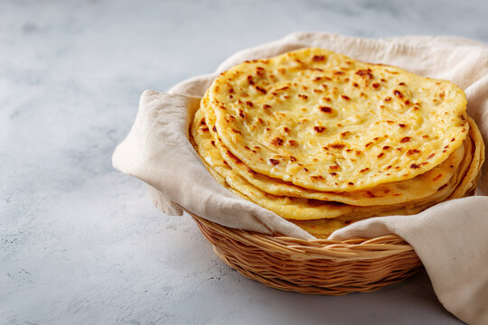 Coconut roti stacked in a woven basket on a light background