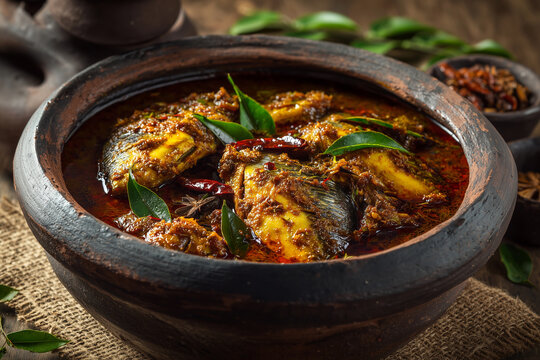 Fish ambul thiyal curry in clay pot with spices and fresh herbs