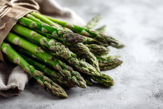 Fresh asparagus bundle on kitchen table with linen cloth and gray background