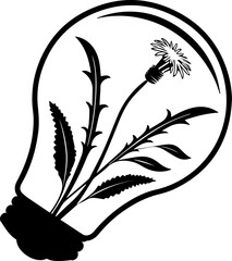 Eco Energy Idea Dandelion Plant Inside Light Bulb Black Silhouette Vector Icon