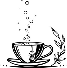 Black and White Teacup with Tea Bag and Steaming Bubbles Line Art Vector Illustration