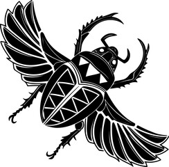 Stylized Flying Scarab Beetle Vector Illustration Black and White Tribal Geometric Design Egyptian Khepri Symbol