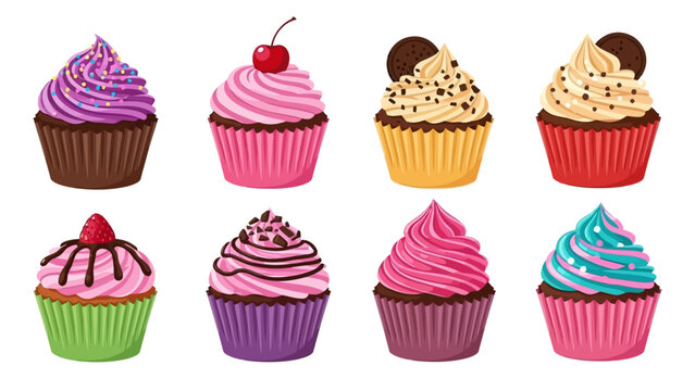 A collection of eight beautifully decorated cupcakes