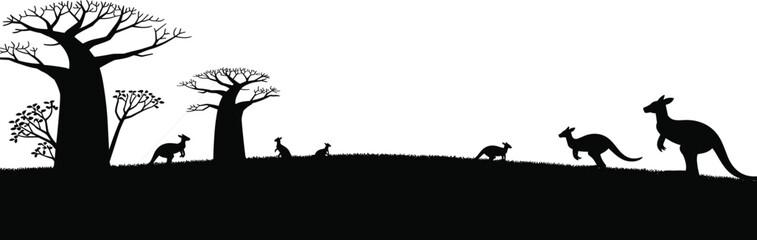 Black silhouette of kangaroos and baobab trees on a grassy hill against a white background © Afsun Creative