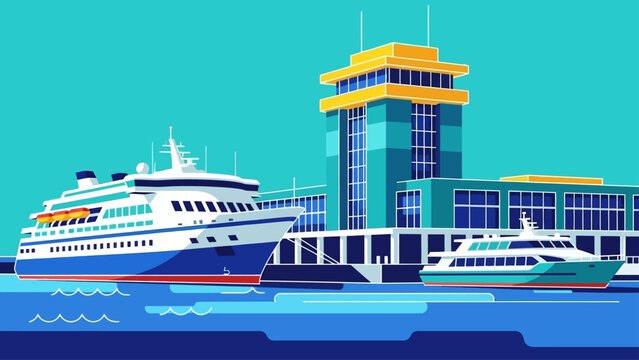 Vibrant illustration of cruise ship and ferry at a modern port terminal.