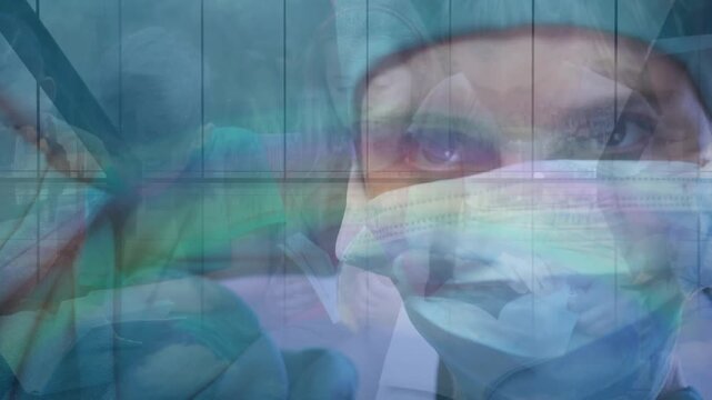 Caucasian female surgeon wearing surgical mask against group pf students studying at school