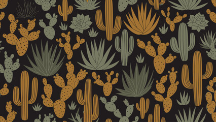 Seamless pattern of desert plants and cacti on black background. © TDF CREATIVE