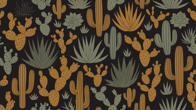 Seamless pattern of desert plants and cacti on black background.