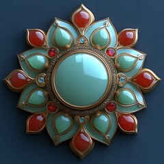 Ornate jeweled medallion, floral design, red & green gems, gold accents