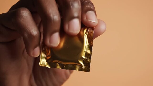 Dark-skinned hand holding golden condom wrapper with glowing light