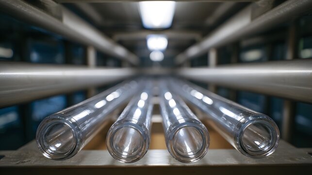 Clear glass tubes arranged in parallel rows within an industrial or laboratory setting with overhead lighting