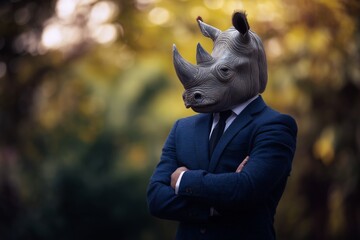 Obraz premium Rhino in Business Suit: Strength and Strategy. A suited man with a rhino head confidently poses in a forest setting during early autumn