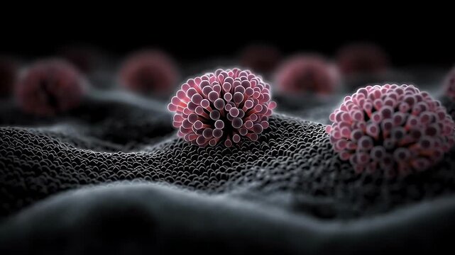 Abstract cancer cell lung carcinoma electron microscopy tumor cluster medical research oncology malignant growth disease concept microscopic view medical science peacock texture 3d render dark