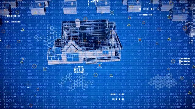 Animation of house model rotating in blue digital space with icons and binary code