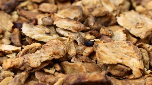 Brown dried chicory root slices circle rotation close up