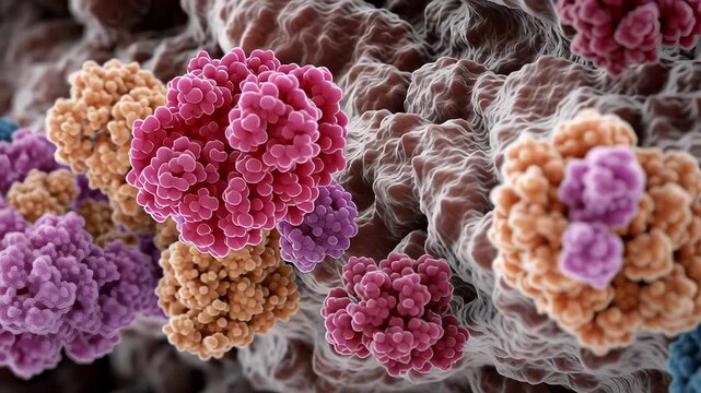 Colorful protein structure cluster macro molecular biology enzyme science concept 3d render close organic surface abstract scientific background detailed texture medical research illustration