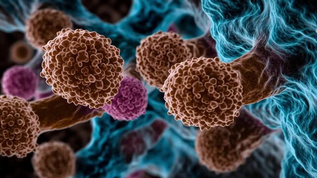 Microscopic bacteria cluster colony microbiology pathogen infection biofilm scientific blue brown abstract closeup microorganism cell germ disease background with colorful virus pattern swirl vivid