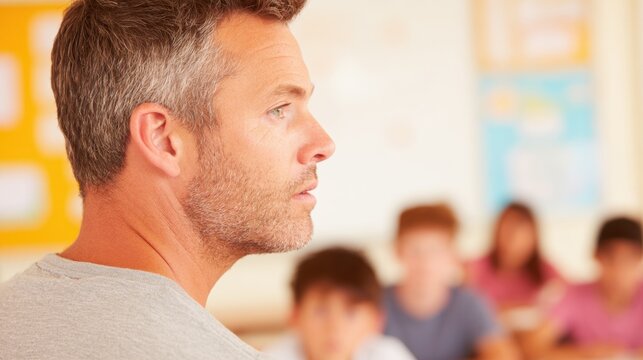 Teacher speaks to students in a classroom during a lesson on a weekday