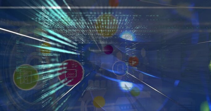 Animation of data processing and shapes on blue background