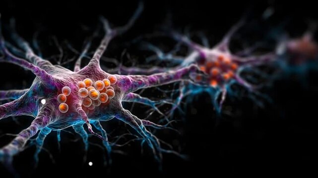 Abstract neuron network neuron cell synapse axon dendrite neural connection brain nerve nervous system biology science microscopy glowing micrograph illustration colorful nerve structure futuristic