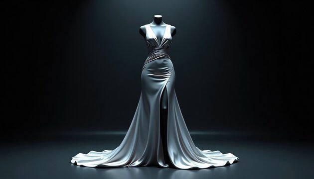 Elegant white dress on mannequin for fashion display. Sophisticated evening gown design for boutique advertisement and special event promotion.
