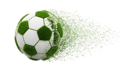 Dynamic soccer ball exploding with green grass particles flying off