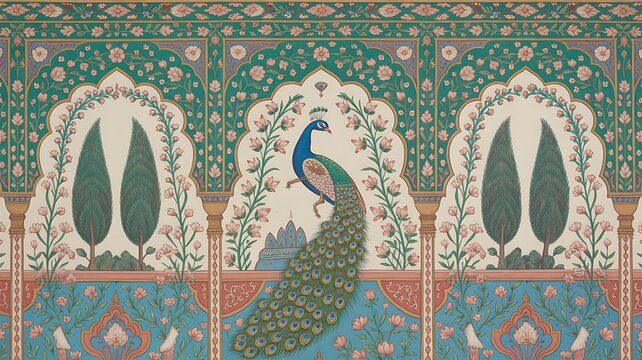 Mughal Pichwai garden illustration with lotus, flowers, and peacock for wedding invitation design Stock Illustration