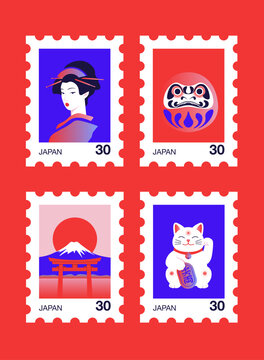 Collection of Japan themed postage stamps featuring geisha, daruma doll, Mount Fuji with torii gate and maneki neko lucky cat. Flat vector illustration in bold colors. Travel, tourism and culture.