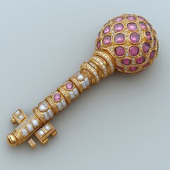 Ornate key-shaped brooch, richly adorned with precious gems