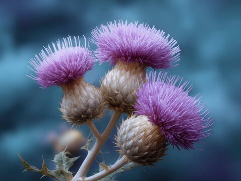 A close-up view captures the intricate beauty of three vibrant purple thistle-like blossoms, prominently displayed against a soft, blurred teal background. The delicate, feathery florets burst from sp