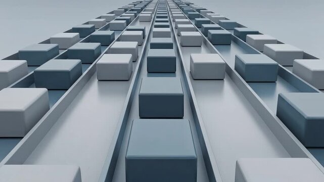 Abstract close-up of blue-gray modular blocks arranged in repeating rows and perspective lanes, evoking technology, automation, data architecture, manufacturing workflow, efficiency, modern industrial